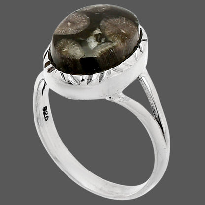 Natural Black Flower Fossil Coral Ring size-8.5 R-1074 SDR230921