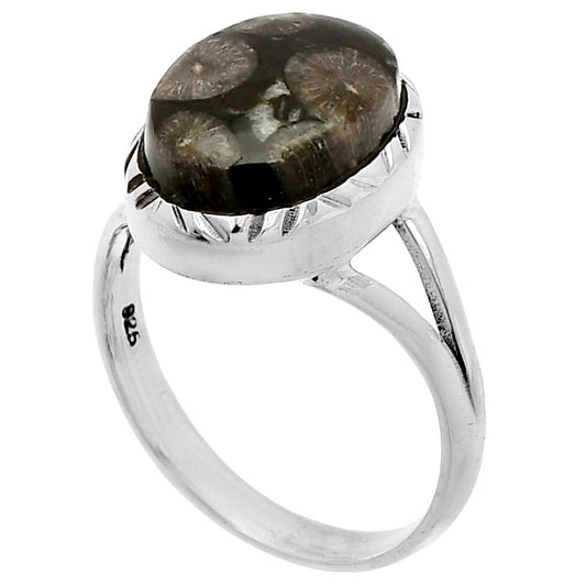 Natural Black Flower Fossil Coral Ring size-8.5 R-1074 SDR230921