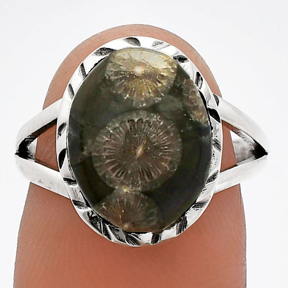 Natural Black Flower Fossil Coral Ring size-7 R-1074 SDR230931
