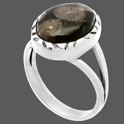 Natural Black Flower Fossil Coral Ring size-7 R-1074 SDR230931
