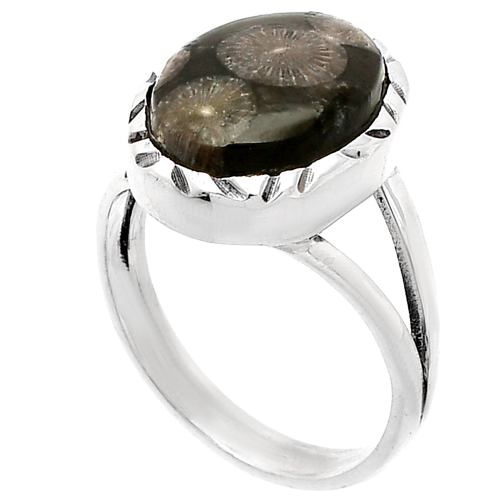 Natural Black Flower Fossil Coral Ring size-7 R-1074 SDR230931