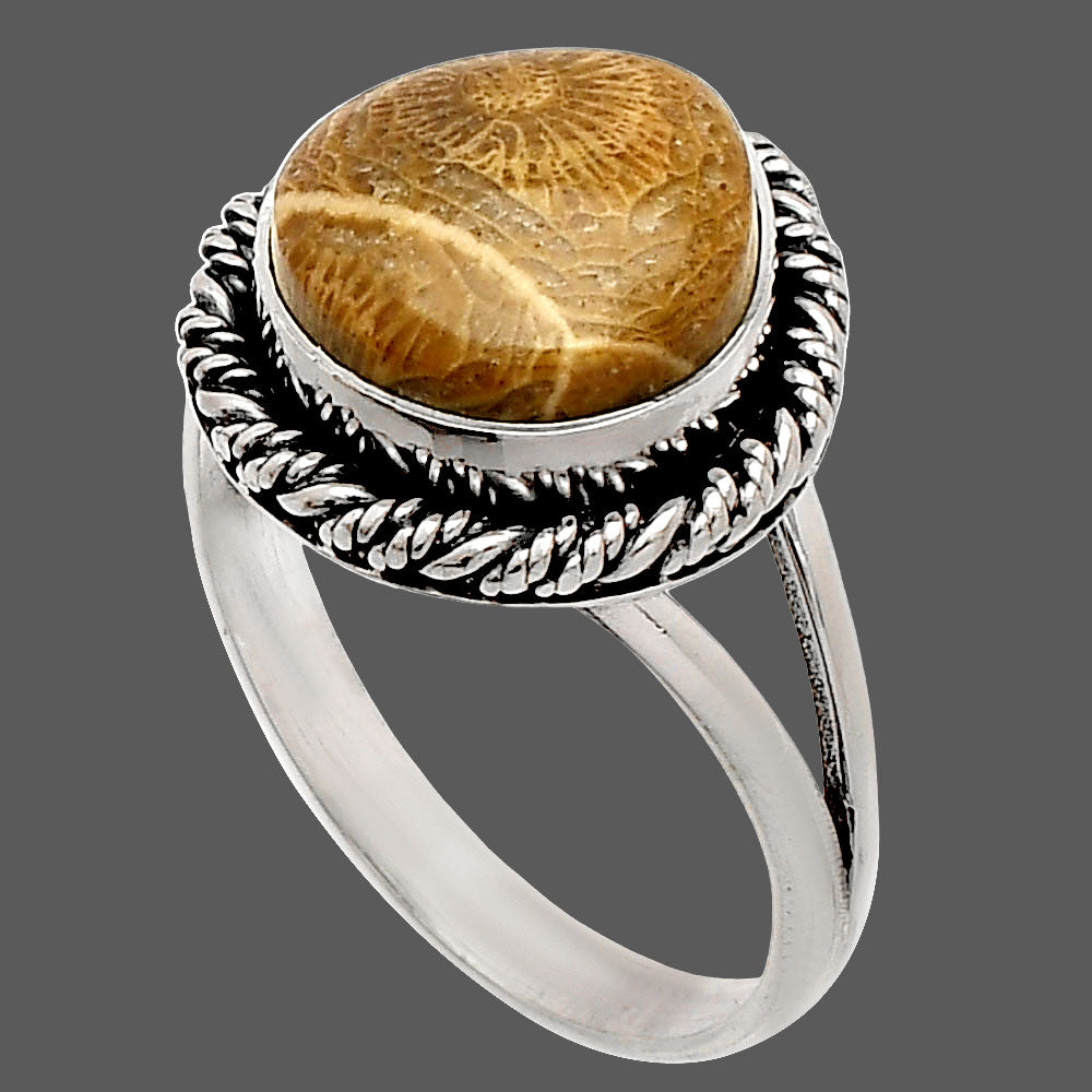 Natural Flower Fossil Coral Ring size-9 R-1014 SDR231509