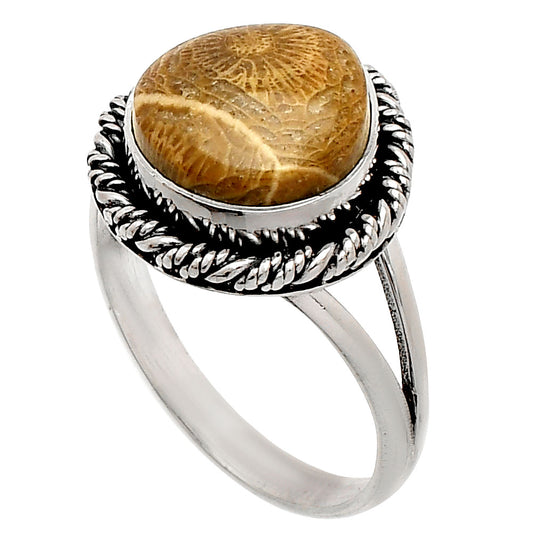Natural Flower Fossil Coral Ring size-9 R-1014 SDR231509