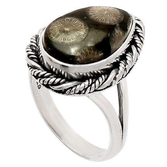 Natural Black Flower Fossil Coral Ring size-7 R-1014 SDR231512