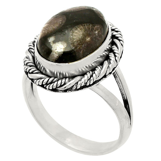 Natural Black Flower Fossil Coral Ring size-7 R-1014 SDR231665