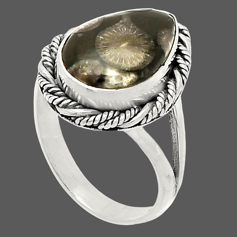 Natural Black Flower Fossil Coral Ring size-7 R-1014 SDR231728