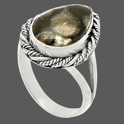 Natural Black Flower Fossil Coral Ring size-7 R-1014 SDR231728