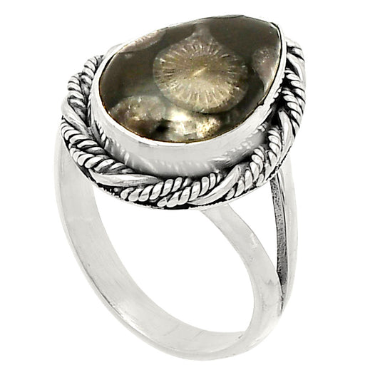 Natural Black Flower Fossil Coral Ring size-7 R-1014 SDR231728