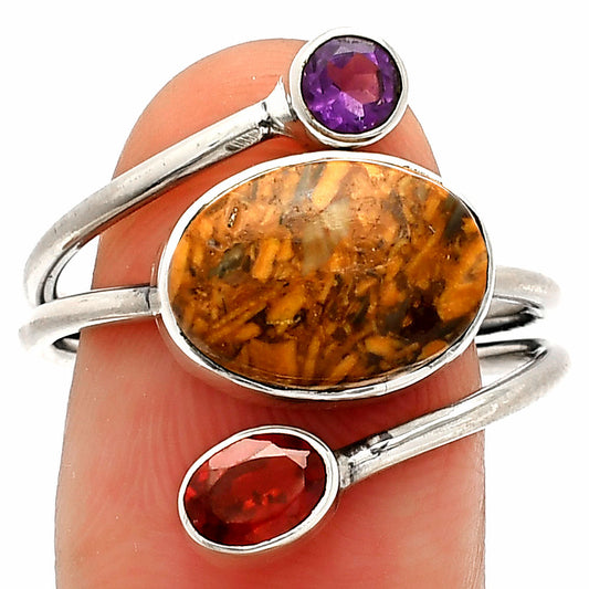 Coquina Fossil Jasper, Garnet & Amethyst Ring size-9.5 R-1209 SDR232026