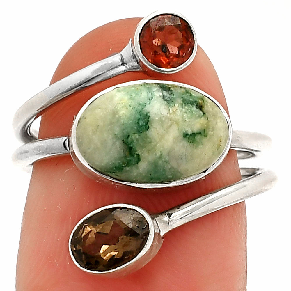Tree Weed Moss Agate, Smoky Quartz & Amethyst Ring size-7 R-1209 SDR232027