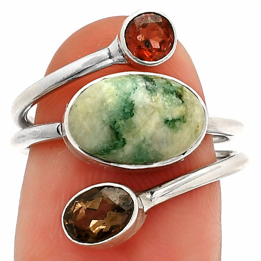 Tree Weed Moss Agate, Smoky Quartz & Amethyst Ring size-7 R-1209 SDR232027