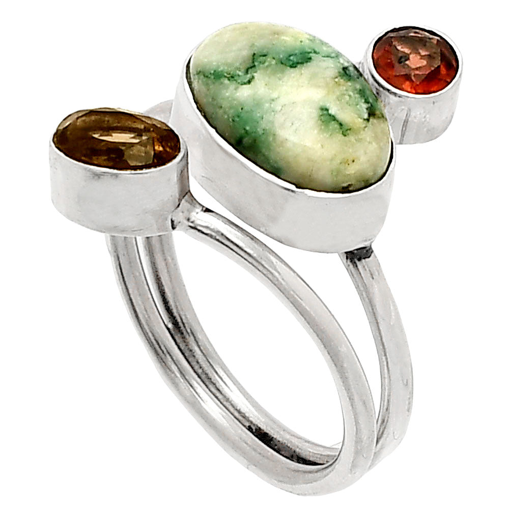 Tree Weed Moss Agate, Smoky Quartz & Amethyst Ring size-7 R-1209 SDR232027