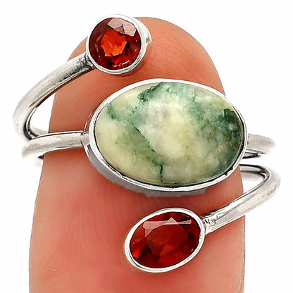 Tree Weed Moss Agate & Garnet Ring size-8 R-1209 SDR232034