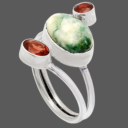 Tree Weed Moss Agate & Garnet Ring size-8 R-1209 SDR232034