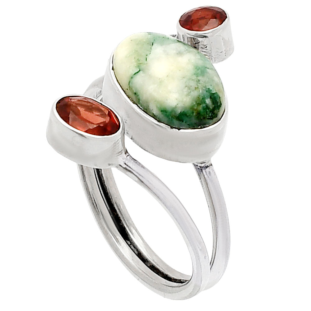 Tree Weed Moss Agate & Garnet Ring size-8 R-1209 SDR232034