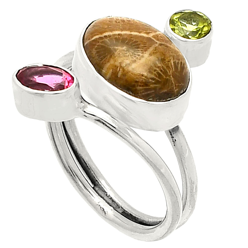 Flower Fossil Coral, Garnet & Peridot Ring size-7 R-1209 SDR232042
