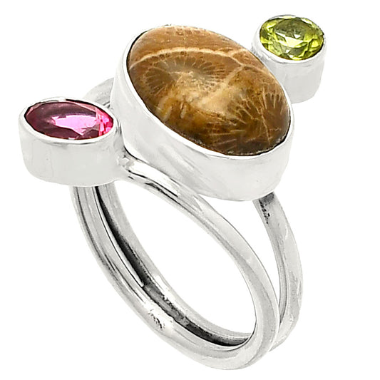 Flower Fossil Coral, Garnet & Peridot Ring size-7 R-1209 SDR232042