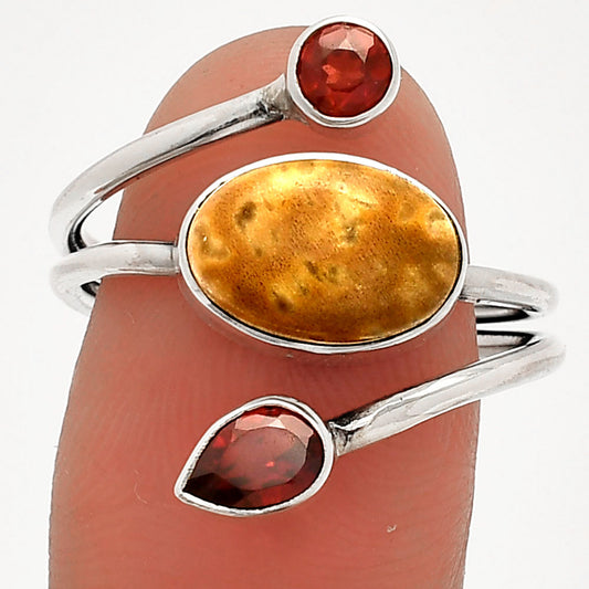 Palm Root Fossil Agate & Garnet Ring size-9 R-1209 SDR232047