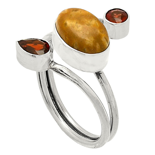 Palm Root Fossil Agate & Garnet Ring size-9 R-1209 SDR232047
