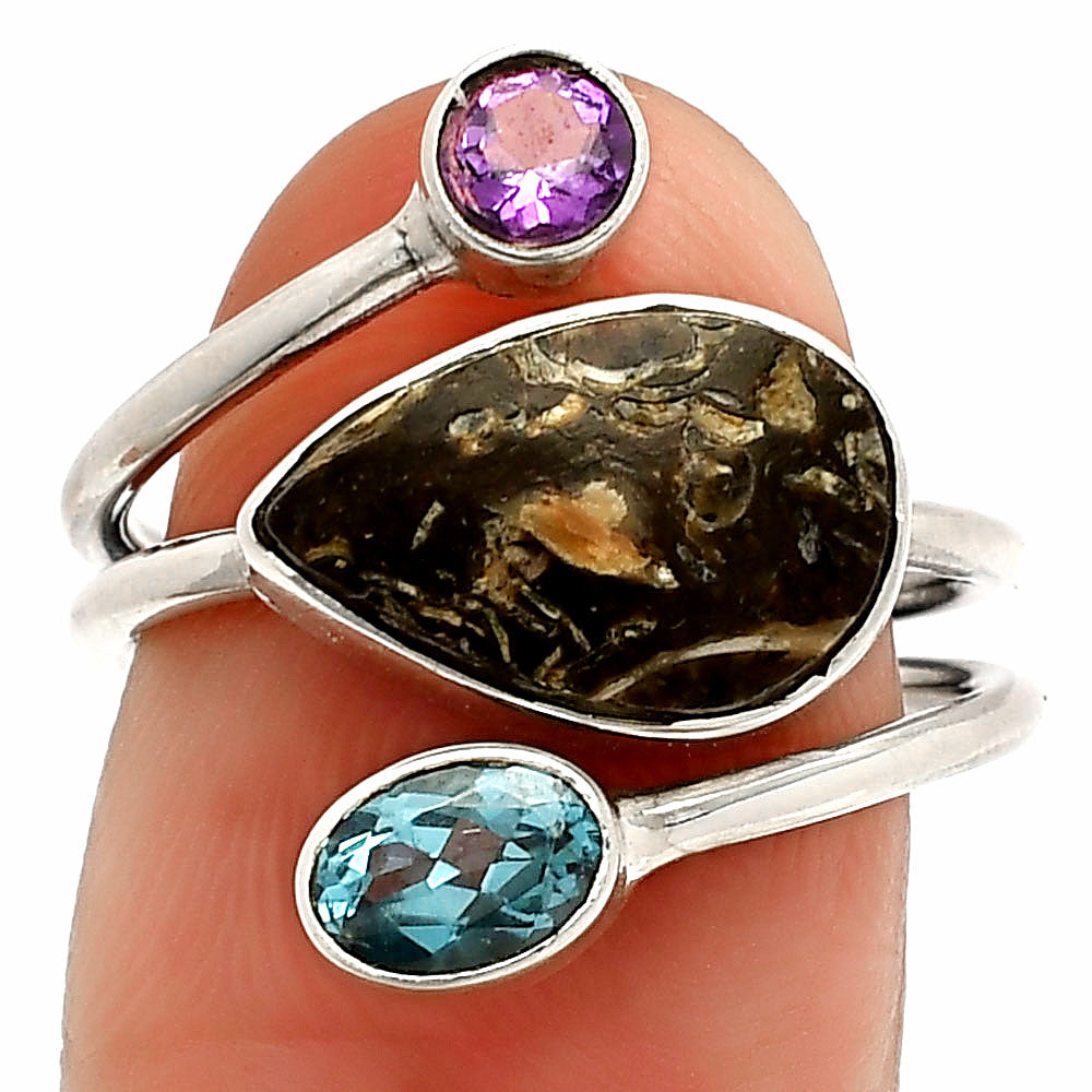 Copper Abalone Shell, Sky Blue Topaz & Amethyst Ring size-7 R-1209 SDR232084