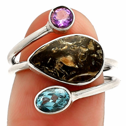 Copper Abalone Shell, Sky Blue Topaz & Amethyst Ring size-7 R-1209 SDR232084