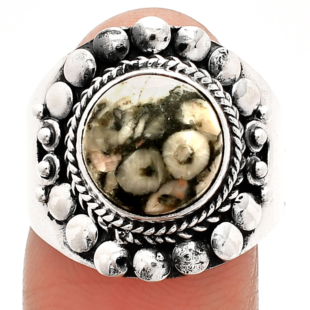 Natural Crinoid Fossil Coral Ring size-7.5 R-1399 SDR232668