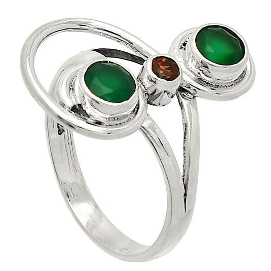 Natural Green Onyx & Garnet Ring size-9 R-1231 SDR233290