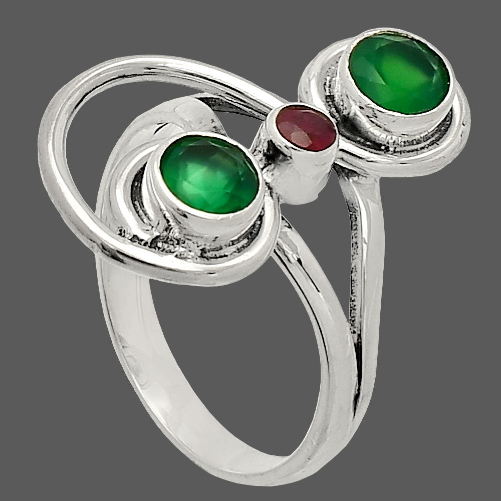 Natural Green Onyx & Garnet Ring size-8 R-1231 SDR233291