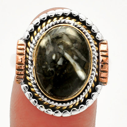 Two Tone - Mexican Cabbing Fossil Ring size-9 R-1414 SDR234251