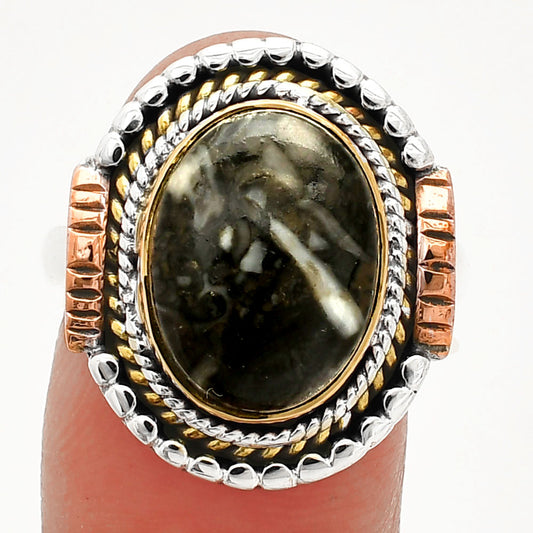 Two Tone - Mexican Cabbing Fossil Ring size-9 R-1414 SDR234251