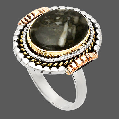 Two Tone - Mexican Cabbing Fossil Ring size-9 R-1414 SDR234251