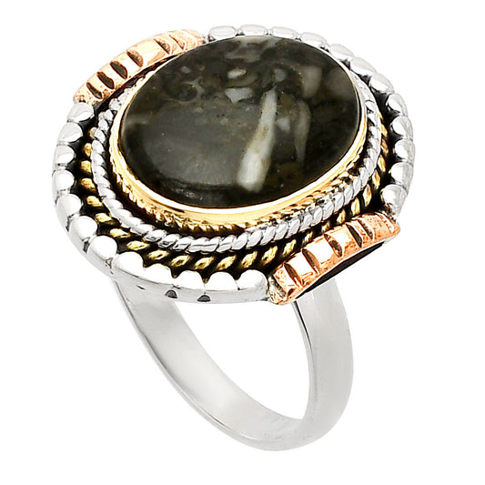 Two Tone - Mexican Cabbing Fossil Ring size-9 R-1414 SDR234251