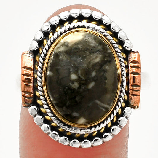 Two Tone - Mexican Cabbing Fossil Ring size-9.5 R-1414 SDR234269