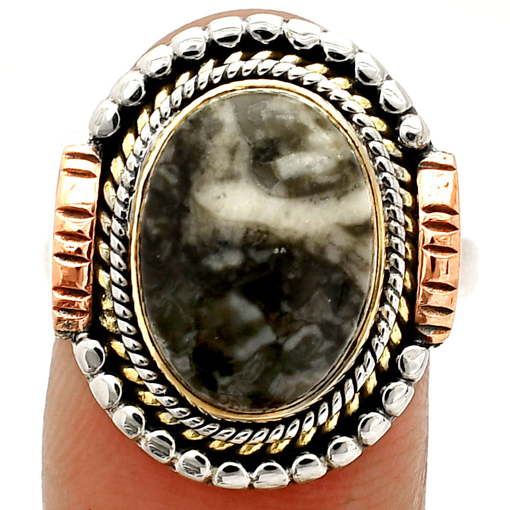 Two Tone - Mexican Cabbing Fossil Ring size-8 R-1414 SDR234278