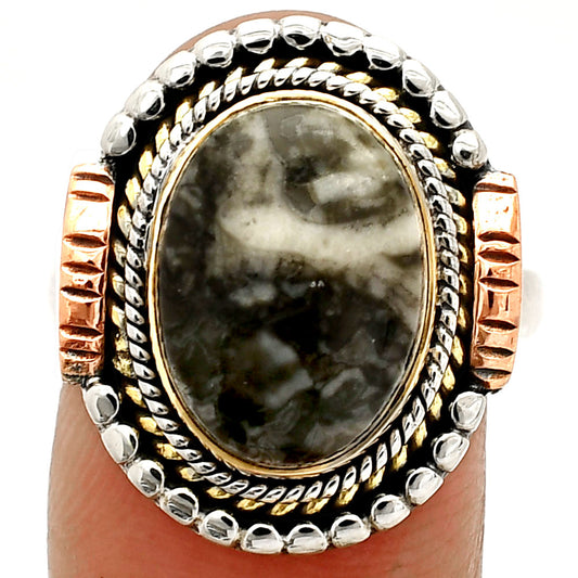 Two Tone - Mexican Cabbing Fossil Ring size-8 R-1414 SDR234278