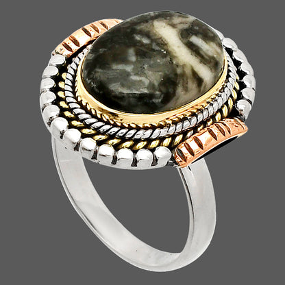 Two Tone - Mexican Cabbing Fossil Ring size-8 R-1414 SDR234278
