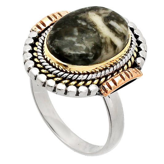 Two Tone - Mexican Cabbing Fossil Ring size-8 R-1414 SDR234278