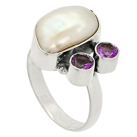 Natural Fresh Water Biwa Pearl & Amethyst Ring size-7 R-1122 SDR234889
