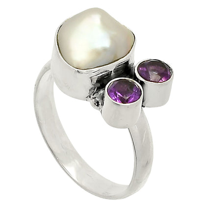Natural Fresh Water Biwa Pearl & Amethyst Ring size-7 R-1122 SDR234896