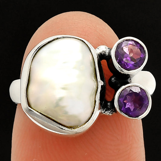 Natural Fresh Water Biwa Pearl & Amethyst Ring size-7 R-1122 SDR234901