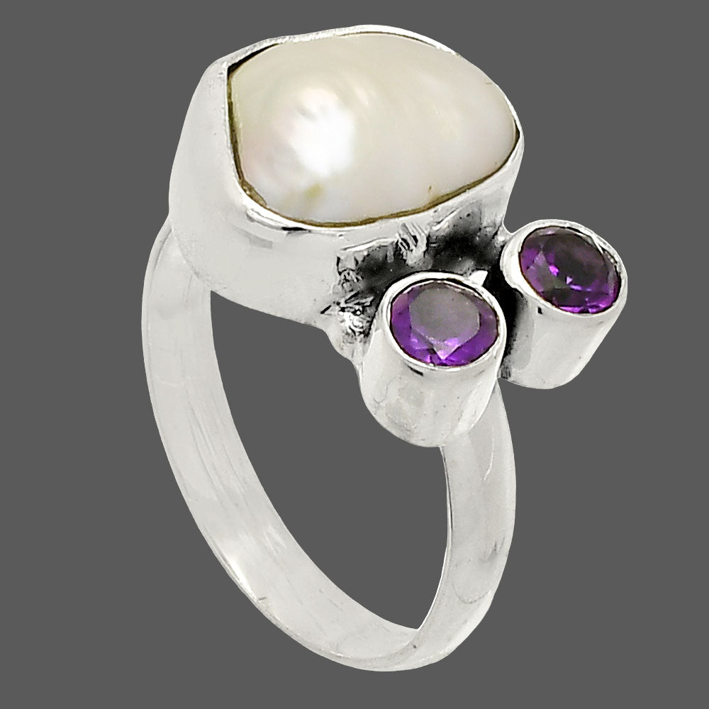 Natural Fresh Water Biwa Pearl & Amethyst Ring size-7 R-1122 SDR234901