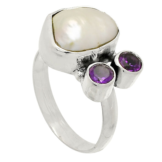 Natural Fresh Water Biwa Pearl & Amethyst Ring size-7 R-1122 SDR234901