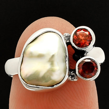 Natural Fresh Water Biwa Pearl & Garnet Ring size-7.5 R-1122 SDR234912