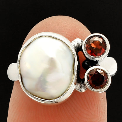Natural Fresh Water Biwa Pearl & Garnet Ring size-7.5 R-1122 SDR234923