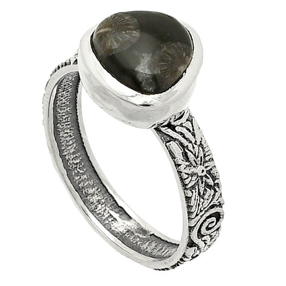 Natural Black Flower Fossil Coral Ring size-8 R-1061 SDR235043