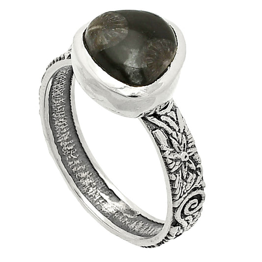 Natural Black Flower Fossil Coral Ring size-8 R-1061 SDR235043