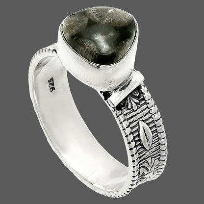 Natural Black Flower Fossil Coral Ring size-8 R-1058 SDR235513