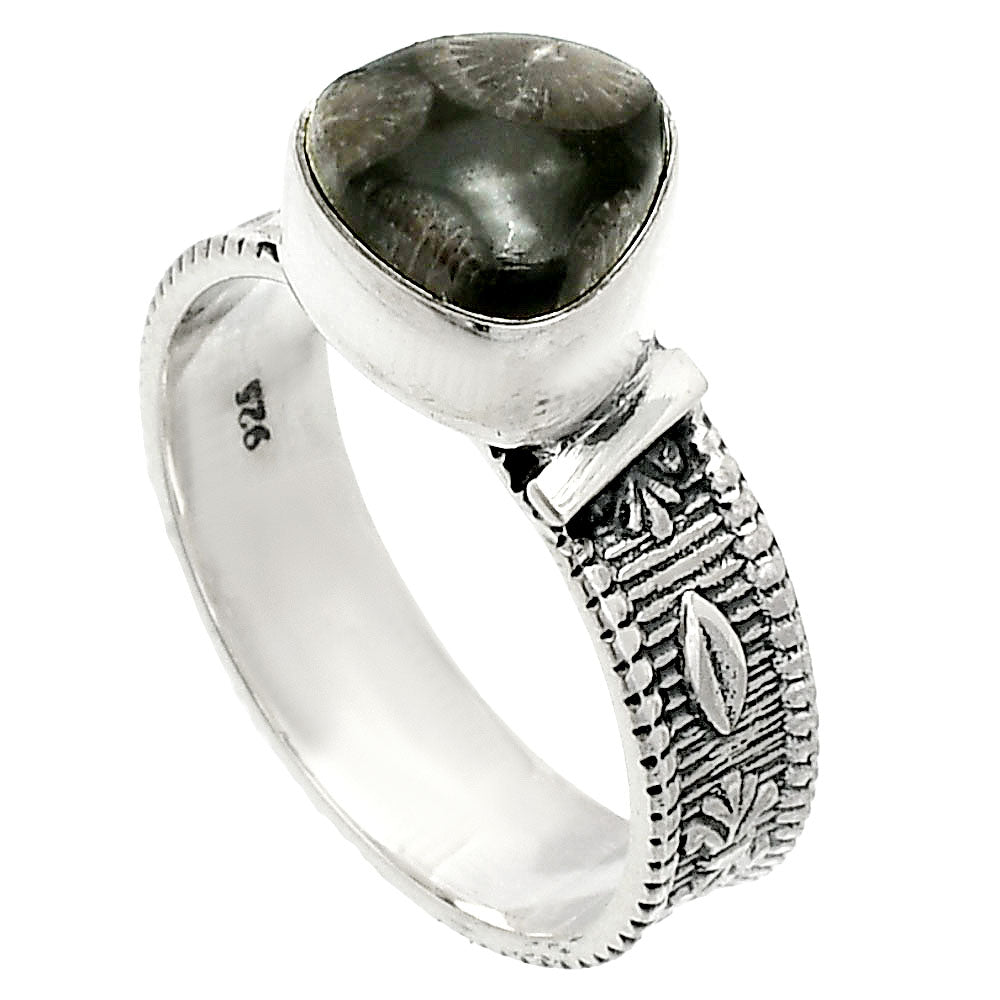 Natural Black Flower Fossil Coral Ring size-8 R-1058 SDR235513