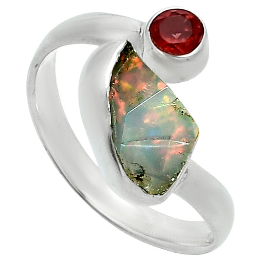 Ethiopian Opal Rough & Garnet Ring size-7.5 R-1205 SDR244613