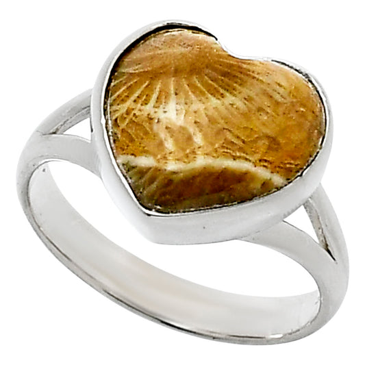 Heart Natural Flower Fossil Coral Ring size-8 R-1073 SDR248525